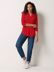 M&Co Red Half Placket Collarless Shirt - Image 3 of 6