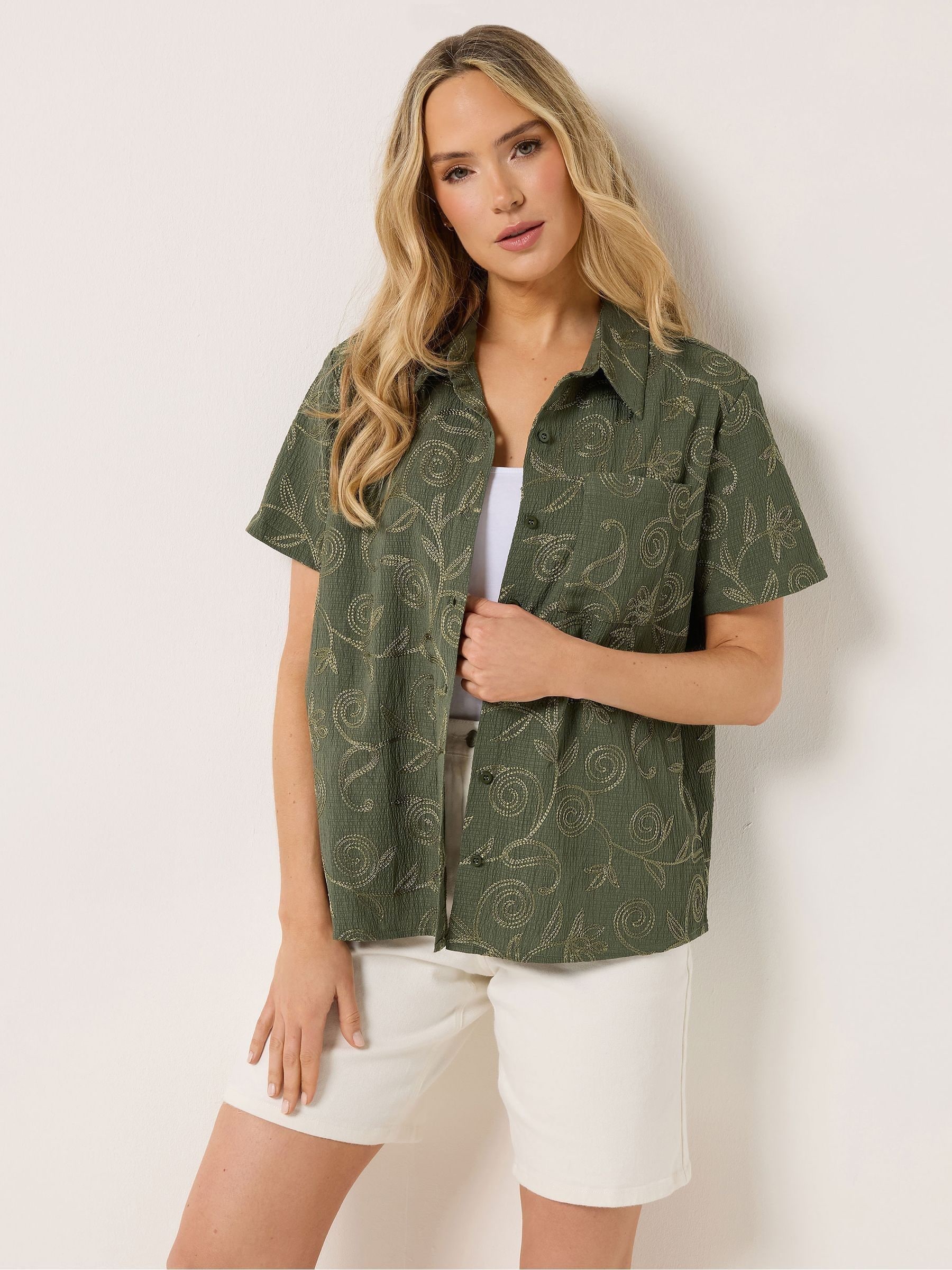 Long Tall Sally Women's Green Embroidered Floral Shirt