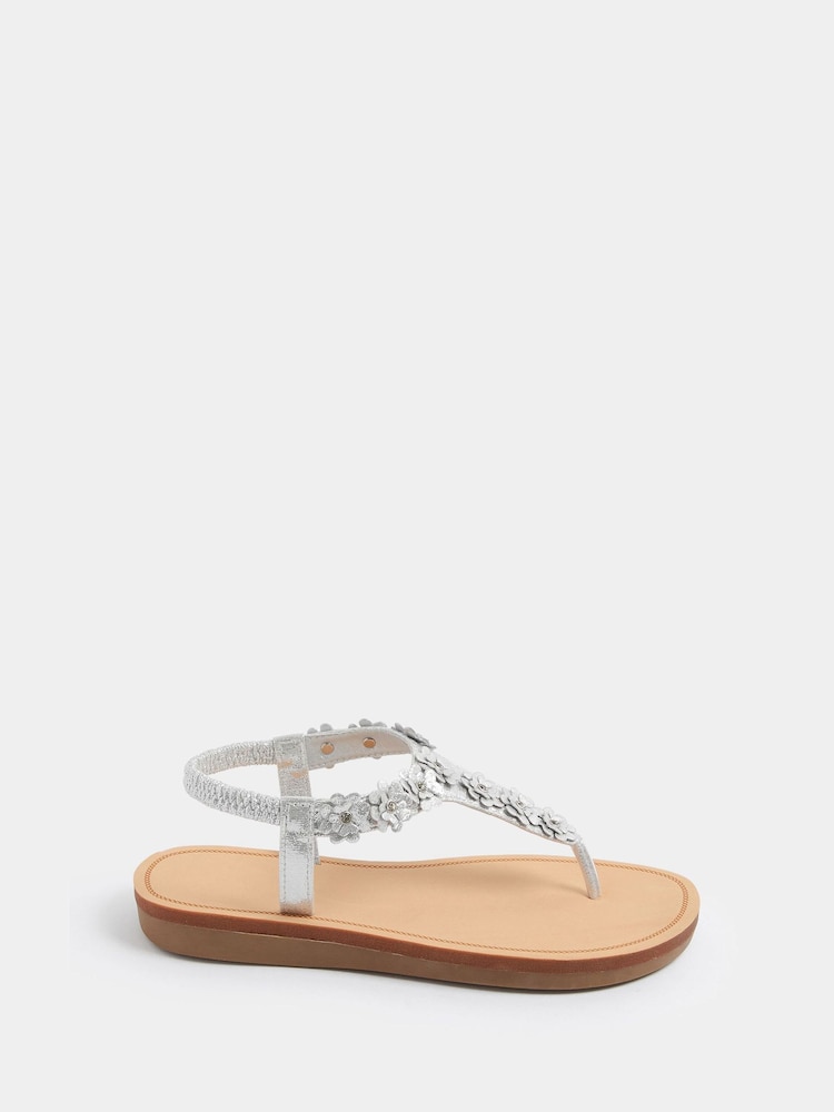 Yours Curve Silver Extra Wide Fit Flower Detail Diamante Sandals - Image 1 of 4