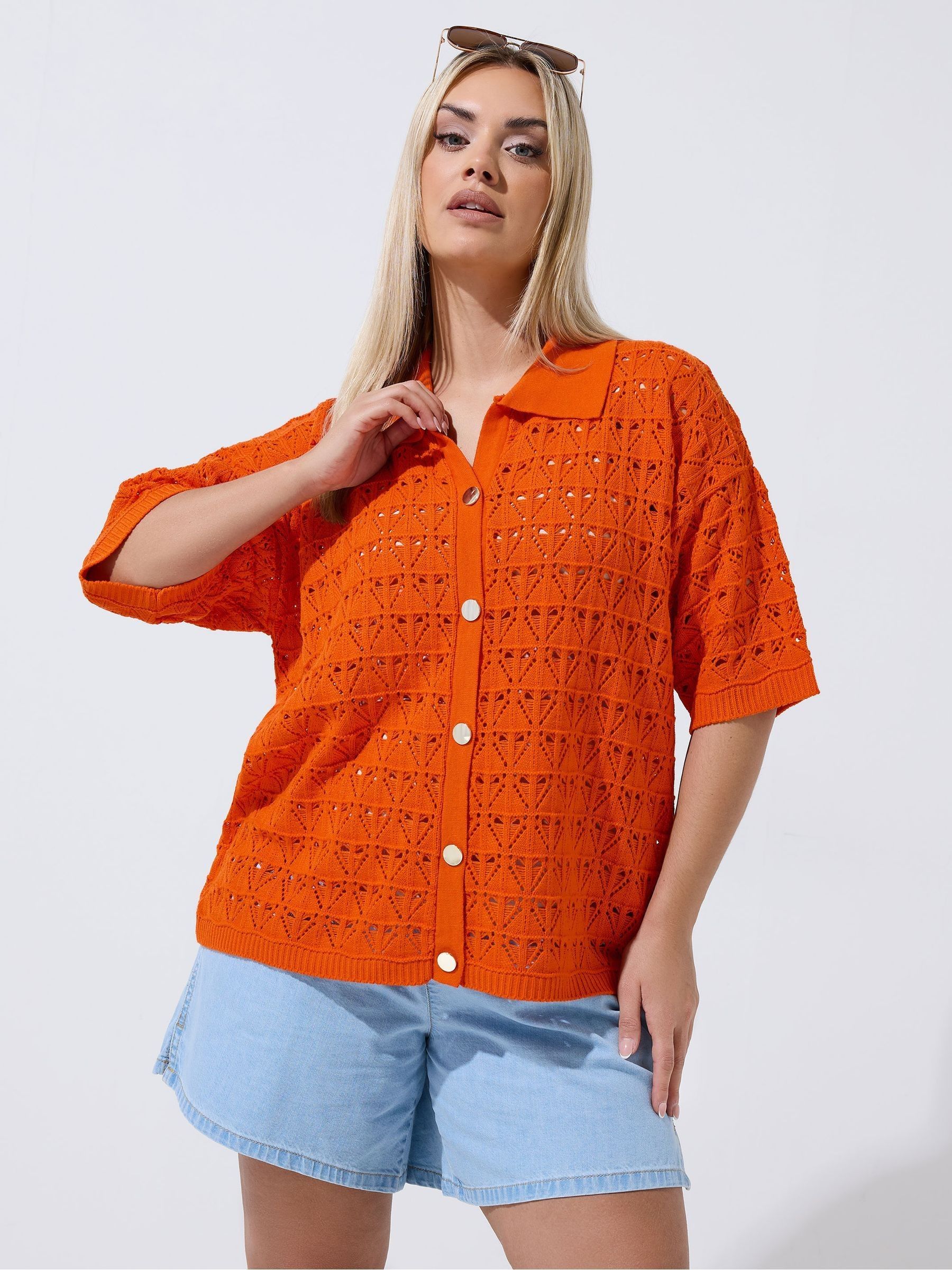 Yours Curve Women's Orange Limited Crochet Shirt