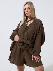 Yours Curve Brown Limited Cheesecloth Shorts - Image 1 of 6