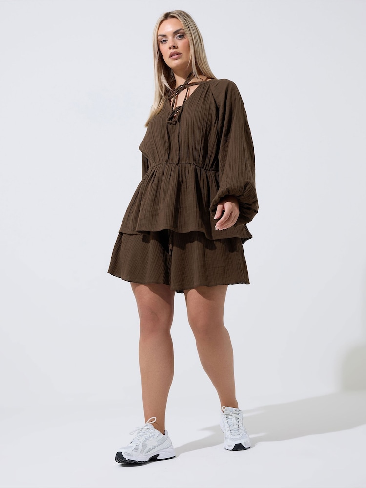 Yours Curve Brown Limited Cheesecloth Shorts - Image 2 of 6