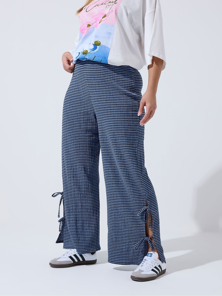 Yours Curve Blue Limited Gingham Tie Hem Trousers - Image 1 of 6 Yours Curve Blue Limited Gingham Tie Hem Trousers - Image 1 of 6