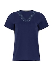 M&Co Blue Lace Trim V-Neck T-Shirt - Image 5 of 5