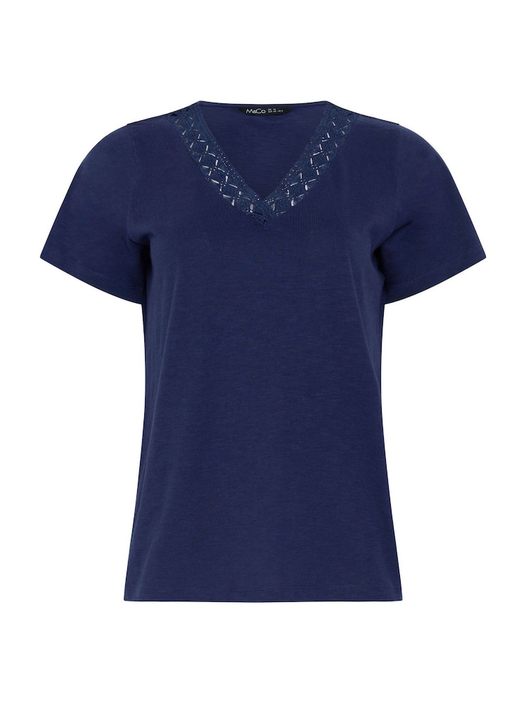 M&Co Blue Lace Trim V-Neck T-Shirt - Image 5 of 5