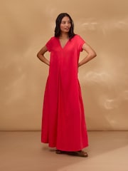 Celtic & Co. Red Linen Blend V-Neck Maxi Swing Dress - Image 1 of 4
