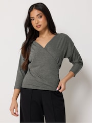 PixieGirl Petite Grey 3/4 Sleeve Wrap Top - Image 1 of 5