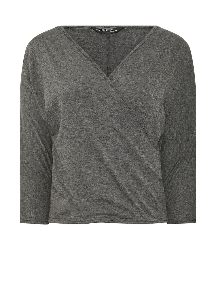 PixieGirl Petite Grey 3/4 Sleeve Wrap Top - Image 5 of 5