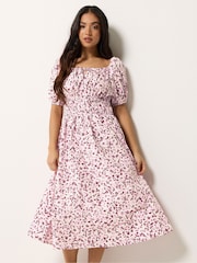 PixieGirl Petite Pink Animal Print Puff Sleeve Midi Dress - Image 1 of 4