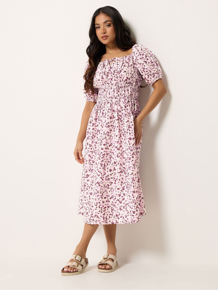 PixieGirl Petite Pink Animal Print Puff Sleeve Midi Dress - Image 2 of 4