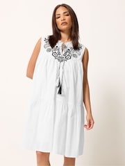 PixieGirl Petite White Frilled Sleeve Tie Neck Embellished Smock Dress - Image 1 of 4