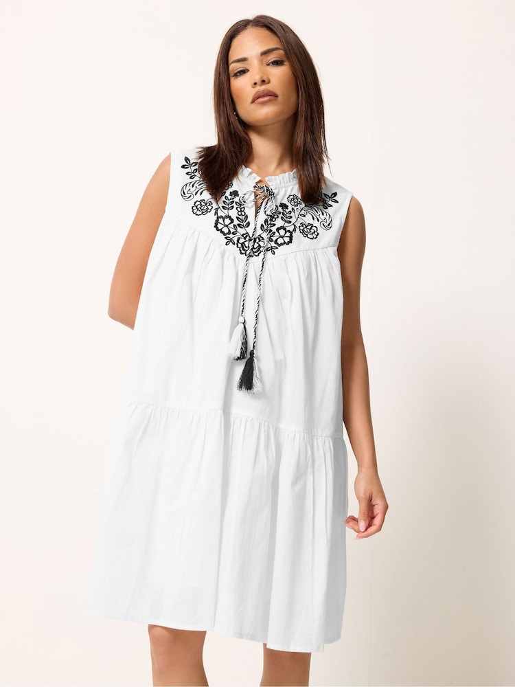 PixieGirl Petite White Frilled Sleeve Tie Neck Embellished Smock Dress - Image 1 of 4