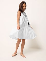 PixieGirl Petite White Frilled Sleeve Tie Neck Embellished Smock Dress - Image 2 of 4