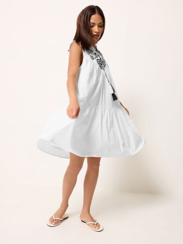 PixieGirl Petite White Frilled Sleeve Tie Neck Embellished Smock Dress - Image 2 of 4