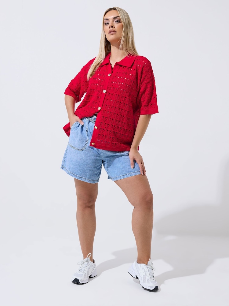 Yours Curve Red Limited Crochet Shirt - Image 2 of 5 Yours Curve Red Limited Crochet Shirt - Image 2 of 5