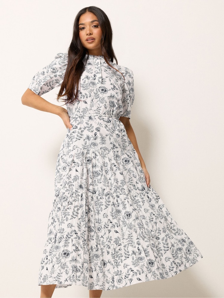 PixieGirl Petite White Floral Tie Neck Tiered Maxi Dress - Image 1 of 5