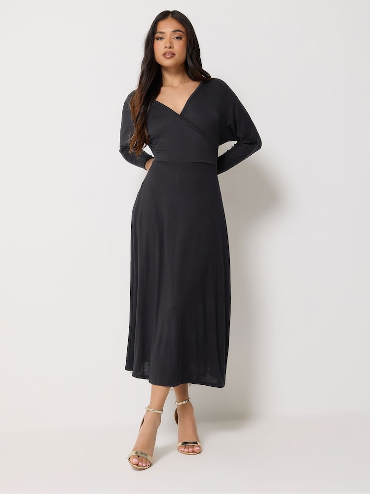 PixieGirl Petite Black 3/4 Sleeve Wrap Midi Dress - Image 1 of 2