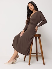 PixieGirl Petite Brown 3/4 Sleeve Wrap Midi Dress - Image 1 of 2
