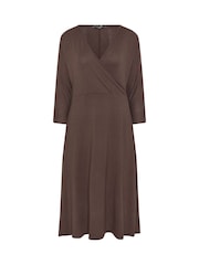 PixieGirl Petite Brown 3/4 Sleeve Wrap Midi Dress - Image 2 of 2
