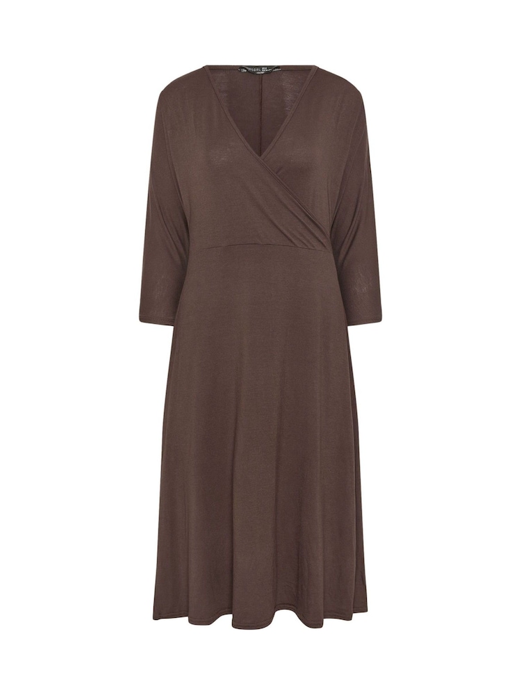 PixieGirl Petite Brown 3/4 Sleeve Wrap Midi Dress - Image 2 of 2