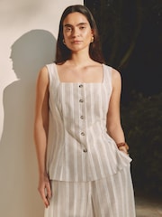 Albaray Cream Linen Stripe Square Neck Button Top - Image 1 of 6