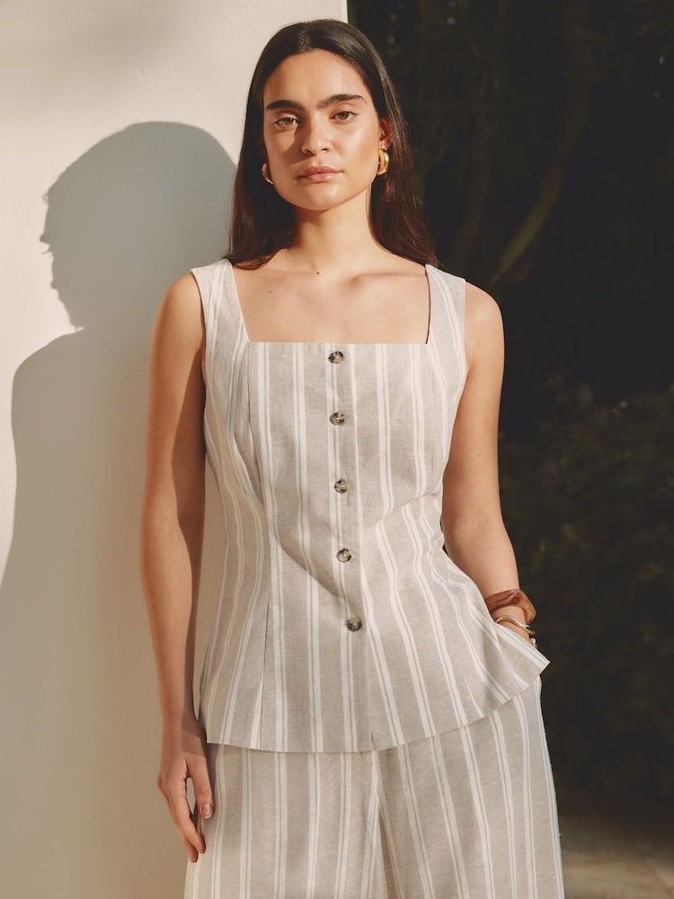 Albaray Cream Linen Stripe Square Neck Button Top - Image 1 of 6