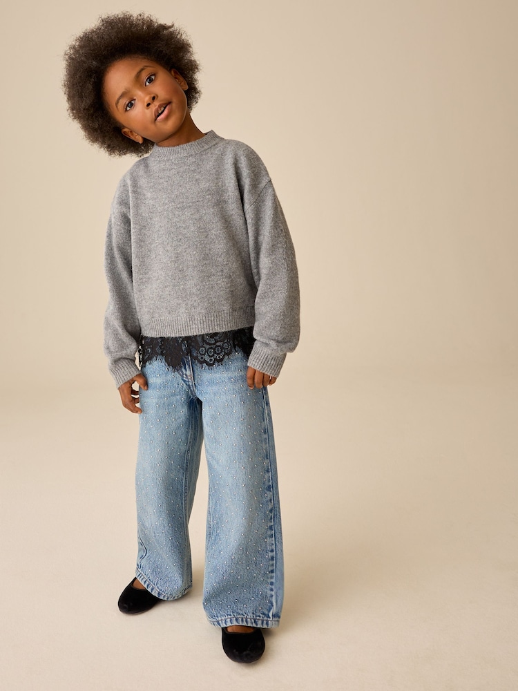 Grey Lace trim Knitted Jumper (3-16yrs) - Image 1 of 4 Grey Lace trim Knitted Jumper (3-16yrs) - Image 1 of 4
