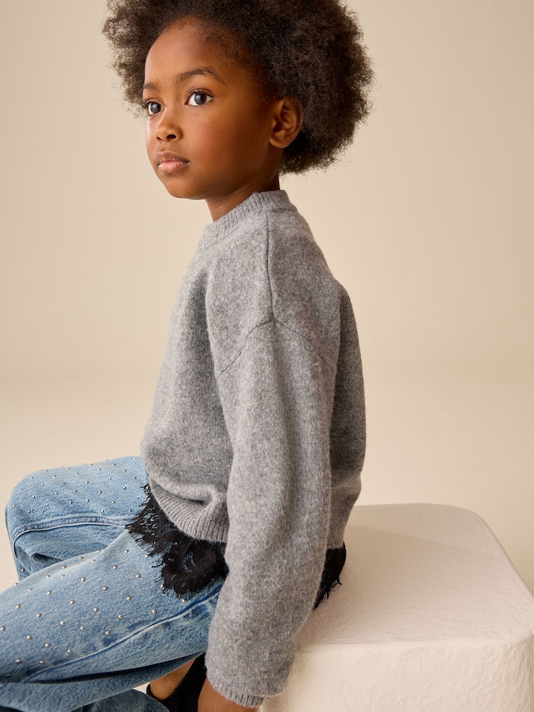 Grey Lace trim Knitted Jumper (3-16yrs) - Image 2 of 4 Grey Lace trim Knitted Jumper (3-16yrs) - Image 2 of 4