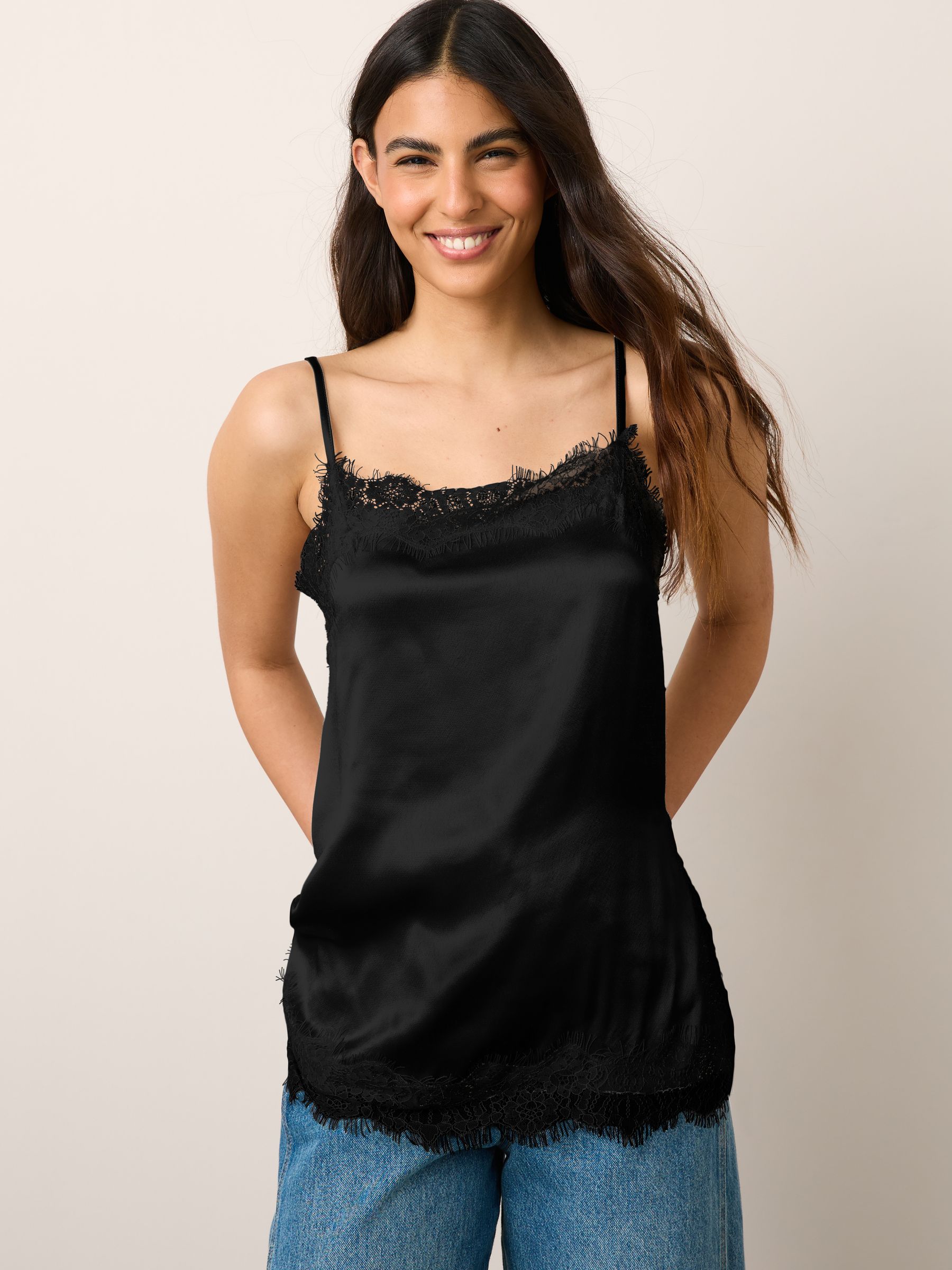 Buy Black Side Split Satin Lace Trim Cami Top from Next Bosnia and