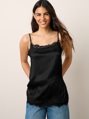 Black Side Split Satin Lace Trim Cami Top - Image 1 of 4