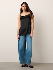Black Side Split Satin Lace Trim Cami Top - Image 2 of 4
