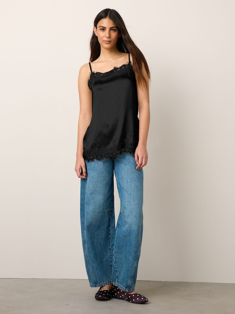 Black Side Split Satin Lace Trim Cami Top - Image 2 of 4 Black Side Split Satin Lace Trim Cami Top - Image 2 of 4
