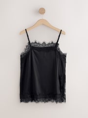 Black Side Split Satin Lace Trim Cami Top - Image 5 of 8