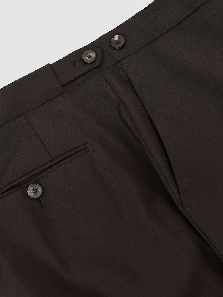 Reiss Chocolate Brown Dream Wool-Blend Side-Adjuster Suit Trousers Tailored-Fit - Image 7 of 7 Reiss Chocolate Brown Dream Wool-Blend Side-Adjuster Suit Trousers Tailored-Fit - Image 7 of 7