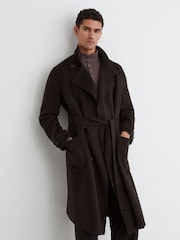 Reiss Dark Brown Selation Wool-Blend Blindseam Belted Overcoat - Image 1 of 7