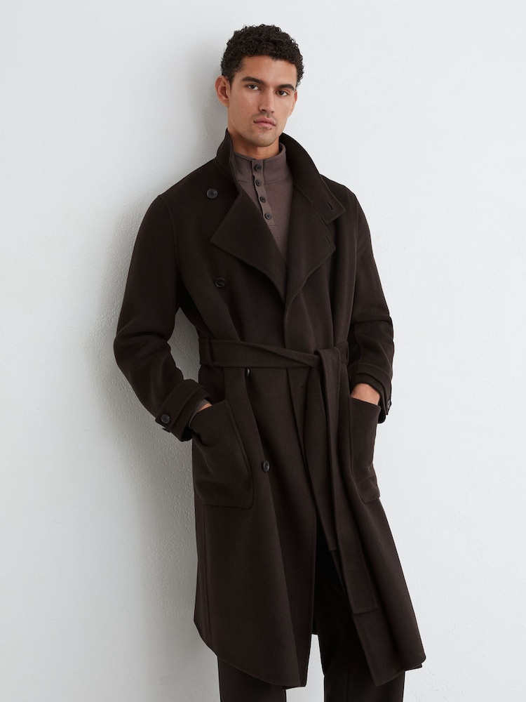 Reiss Dark Brown Selation Wool-Blend Blindseam Belted Overcoat - Image 1 of 7