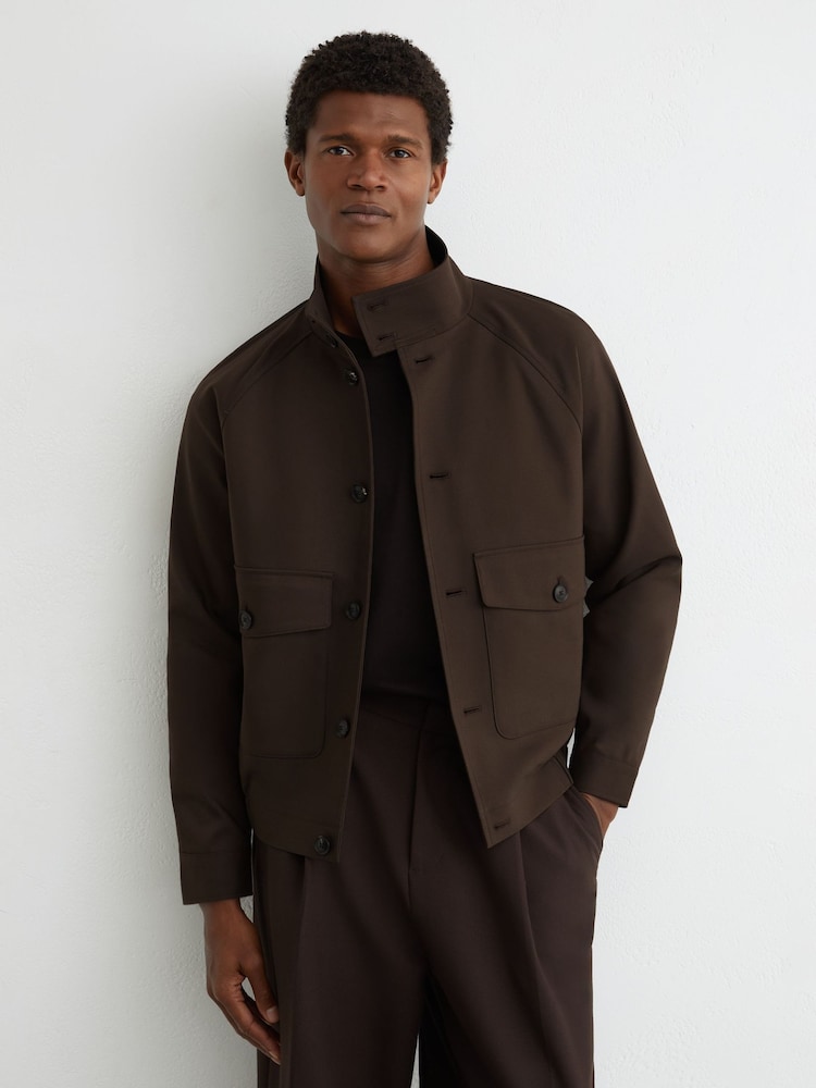 Reiss Taupe Brown Romano Cotton-Blend Harrington Jacket - Image 1 of 7 Reiss Taupe Brown Romano Cotton-Blend Harrington Jacket - Image 1 of 7