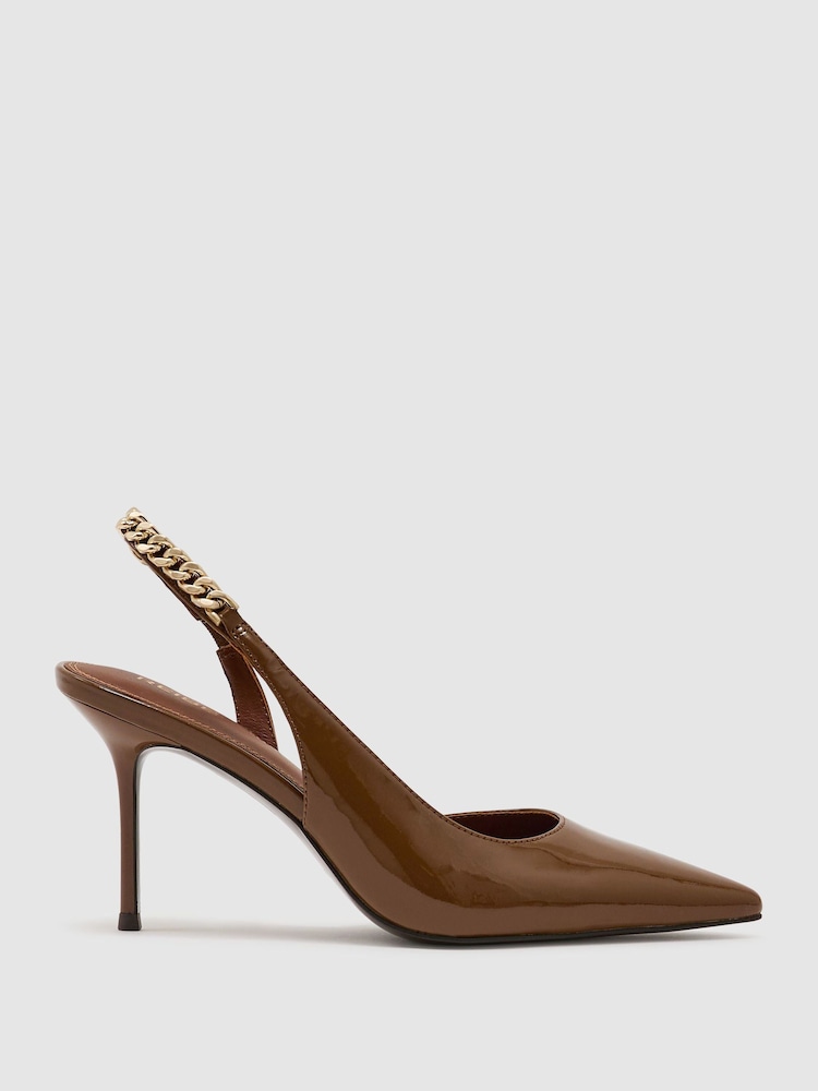 Reiss Camel Lucia Patent-Leather Chain-Slingback Heels - Image 2 of 5 Reiss Camel Lucia Patent-Leather Chain-Slingback Heels - Image 2 of 5
