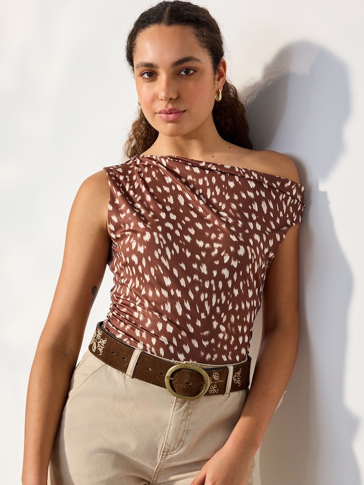 Brown Deer Print Slinky Soft Touch Sleeveless Asymmetrical Top - Image 1 of 8 Brown Deer Print Slinky Soft Touch Sleeveless Asymmetrical Top - Image 1 of 8