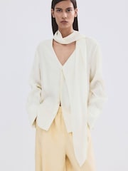 Mango Cream Scarf Detail Button Up Long Sleeve Blouse - Image 1 of 5