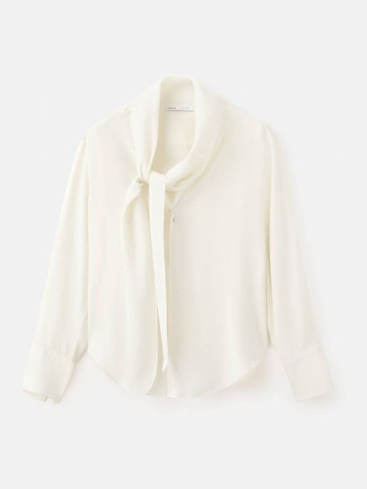Mango Cream Scarf Detail Button Up Long Sleeve Blouse - Image 5 of 5