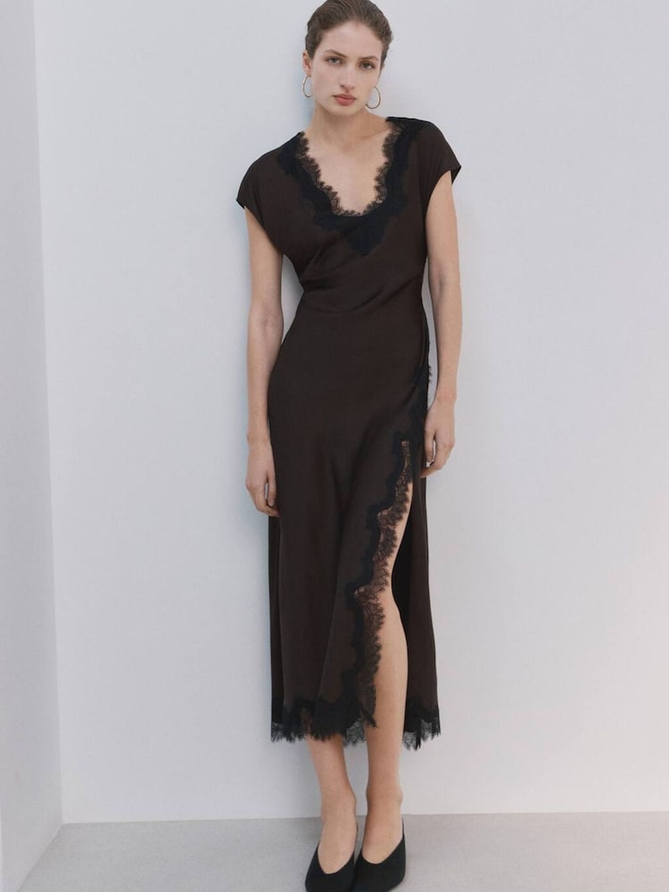 Mango Brown Lace V-Neck Midi Dress - Image 1 of 5