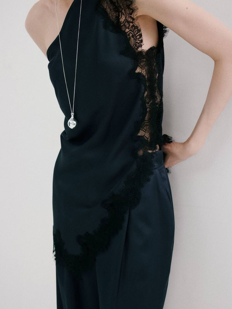 Mango Blue One Shoulder Asym Lace Top - Image 1 of 5