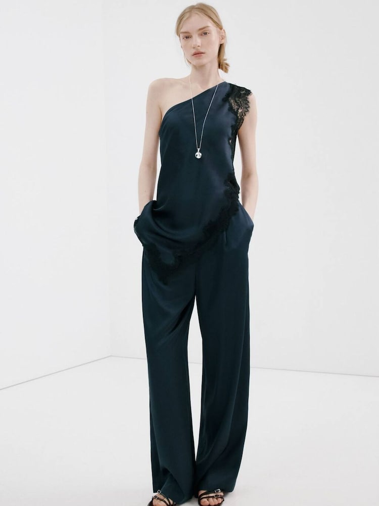 Mango Blue One Shoulder Asym Lace Top - Image 2 of 5
