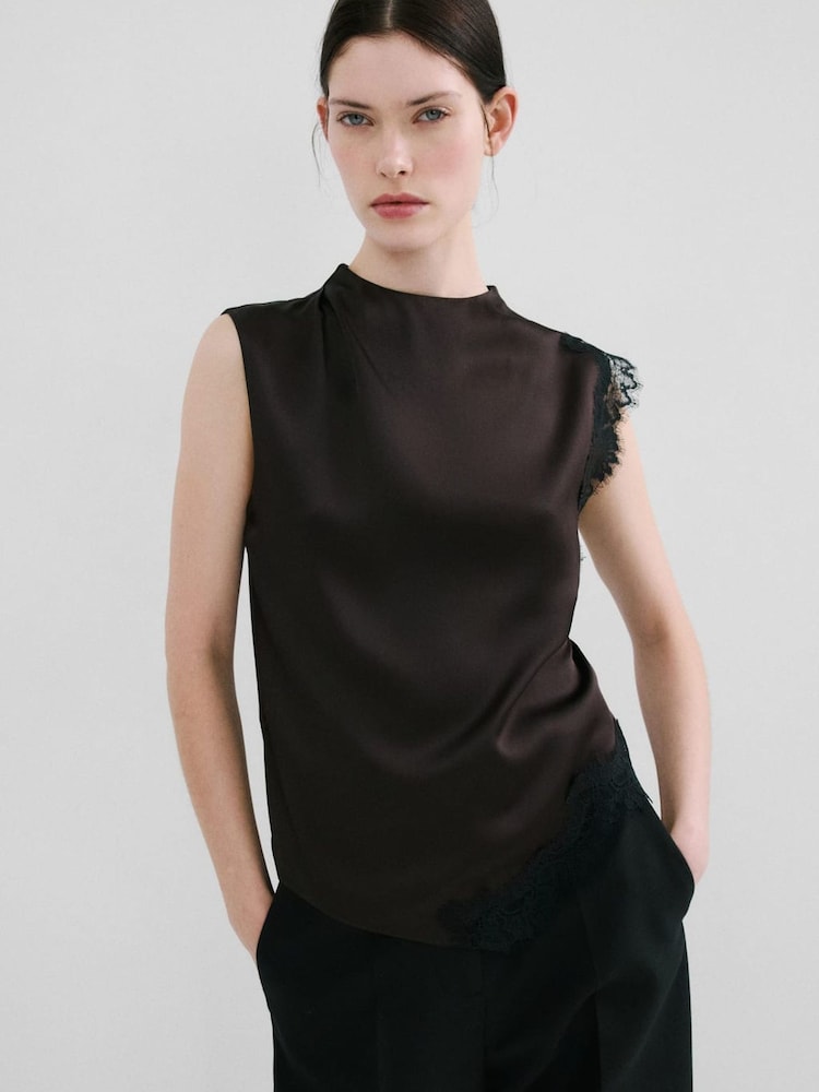 Mango Brown Sleeveless Lace Trim Top - Image 1 of 5