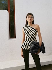 Mango Cream & Black Striped Asymmetrical Peplum Top - Image 1 of 4