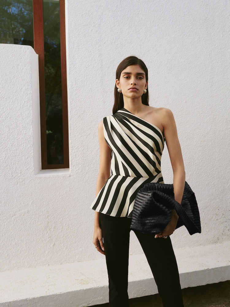 Mango Cream & Black Striped Asymmetrical Peplum Top - Image 1 of 4