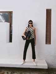 Mango Cream & Black Striped Asymmetrical Peplum Top - Image 2 of 4