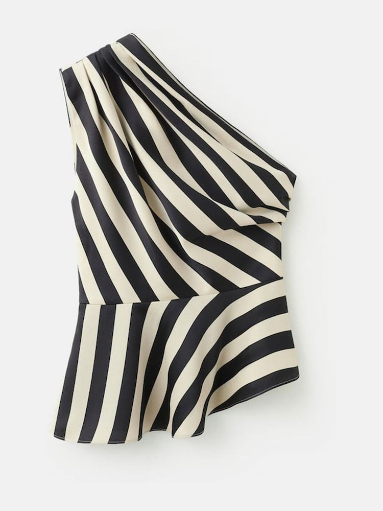 Mango Cream & Black Striped Asymmetrical Peplum Top - Image 4 of 4