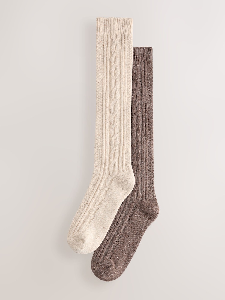 Oatmeal/Chocolate Brown Thermal Wool Blend Cable Knit Knee High Socks 2 Pack - Image 1 of 5 Oatmeal/Chocolate Brown Thermal Wool Blend Cable Knit Knee High Socks 2 Pack - Image 1 of 5